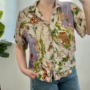 Tiny Postcard Ski Swiss Alps Snow Holiday Vaca Vacation Button Down Art Blouse